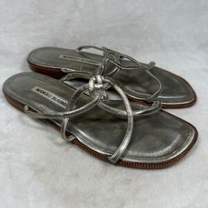Manolo Blahnik Silver Metallic Leather Strappy Flat Sandals Square Toe Size 36.5
